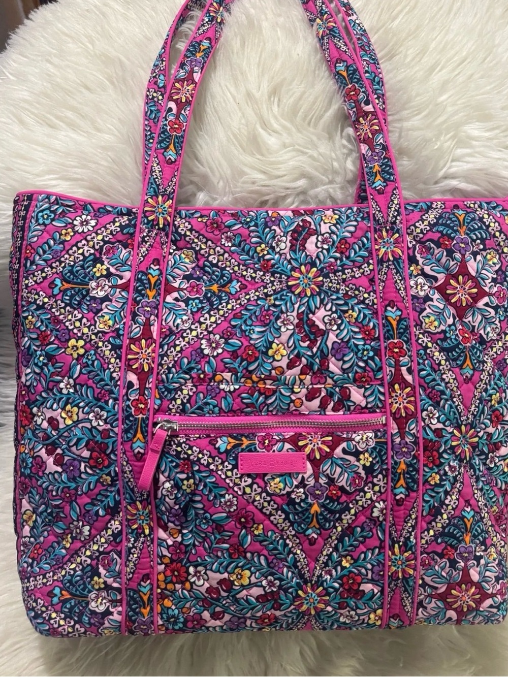 Vera Bradley Iconic tote bag in the vibrant Pink Kaleidoscope Rosettes pattern